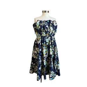 Anthropologie Floral Ruffled Strapless Blue A Line Dress NWT Size Large
